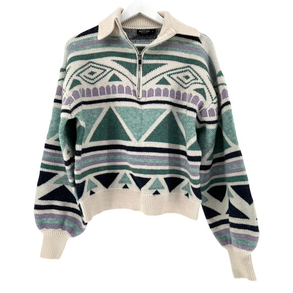 Nasty Gal Sweaters - Nasty Gal Sweater‎ Womens Small Green Purple Aztec Knit Quarter Zip Boxy Comfy